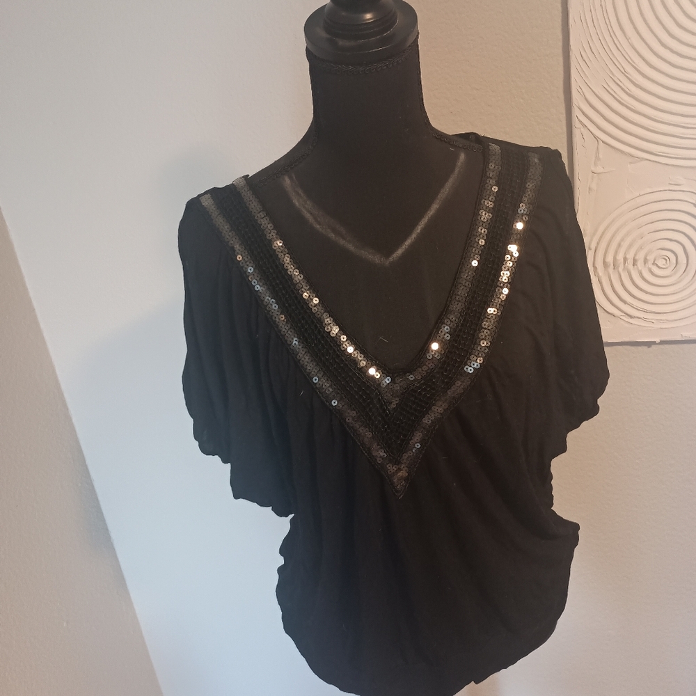 Black Sequin V-Neck Women's Top